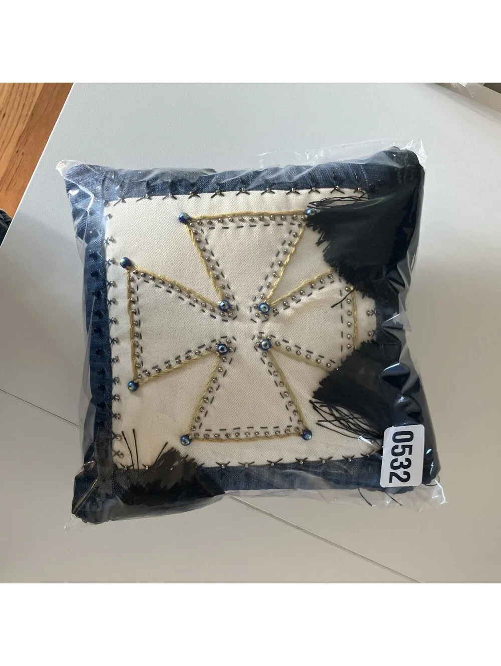 90s Y2K Mini Accent Throw Pillow Cross Appliqué Embroidery Bead Bling Tassles 8